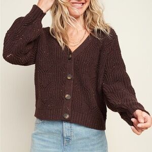 Old Navy L Brown button up chunky pointelle knit relaxed slouchy preppy cardigan